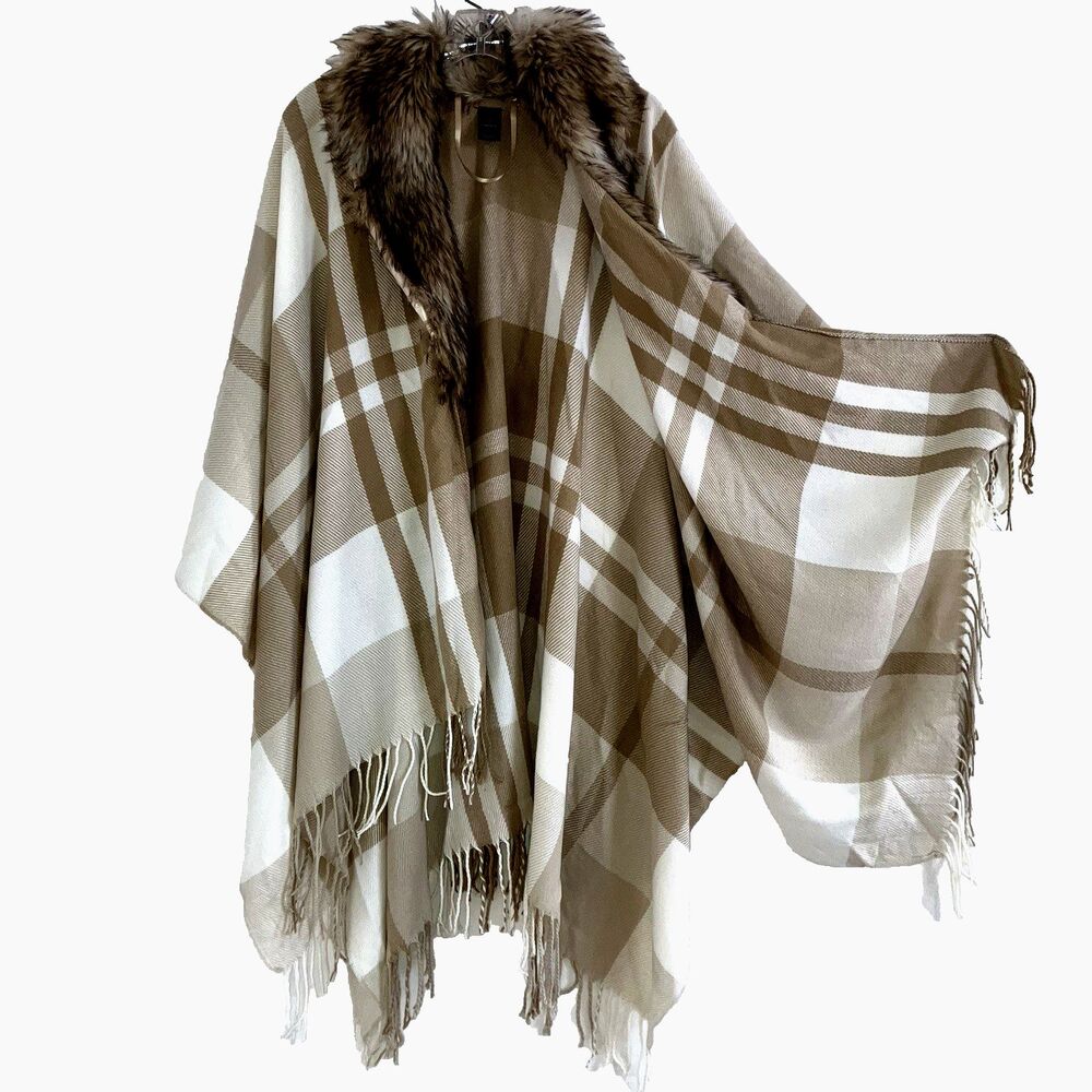 MIXIT One Size Faux Fur Collar Shawl Wrap Cape Poncho Neutral Cozy Fringe OSFM